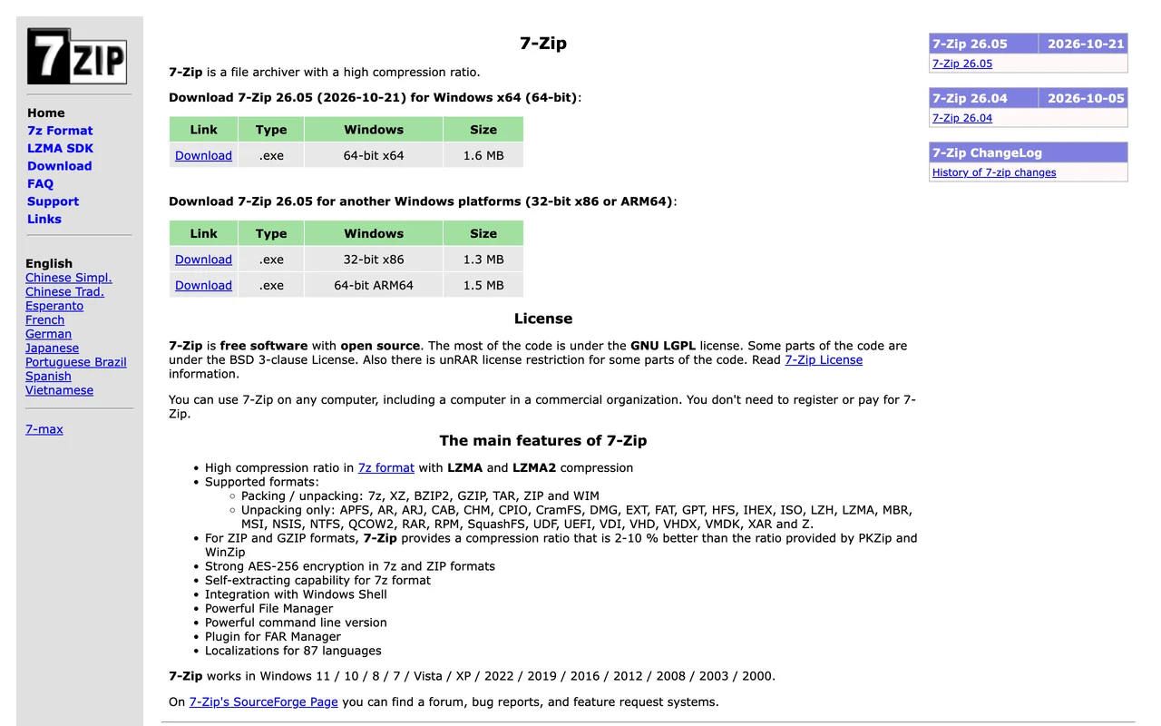 Bezplatný program pro vytváření ZIP/7z a rozbalení mnoha formátů. Rozlišujte Windows GUI a oficiální konzoli macOS/Linux.