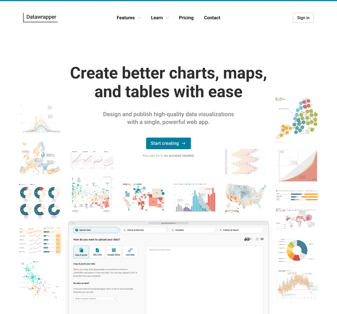 グラフ・地図・表を紹介するDatawrapper公式サイトの実際のChrome画面