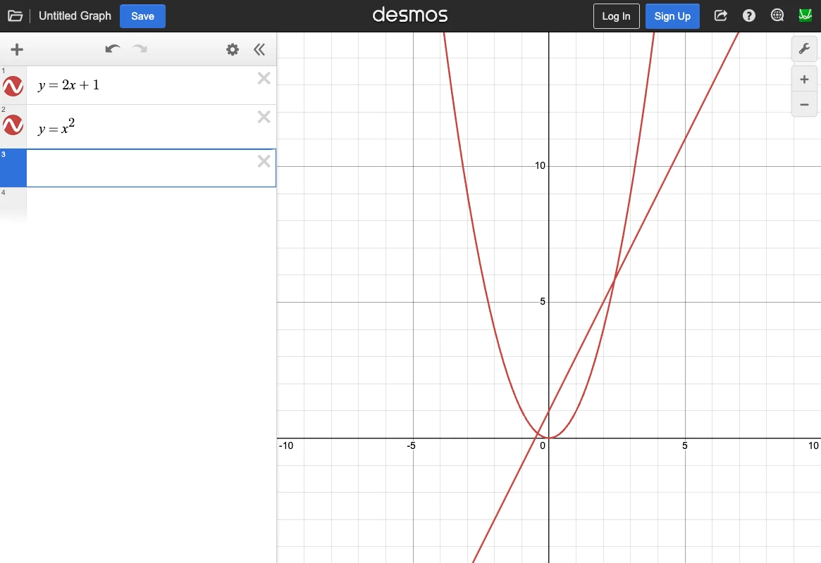 Schermata Chrome reale della calcolatrice Desmos ufficiale con retta e parabola