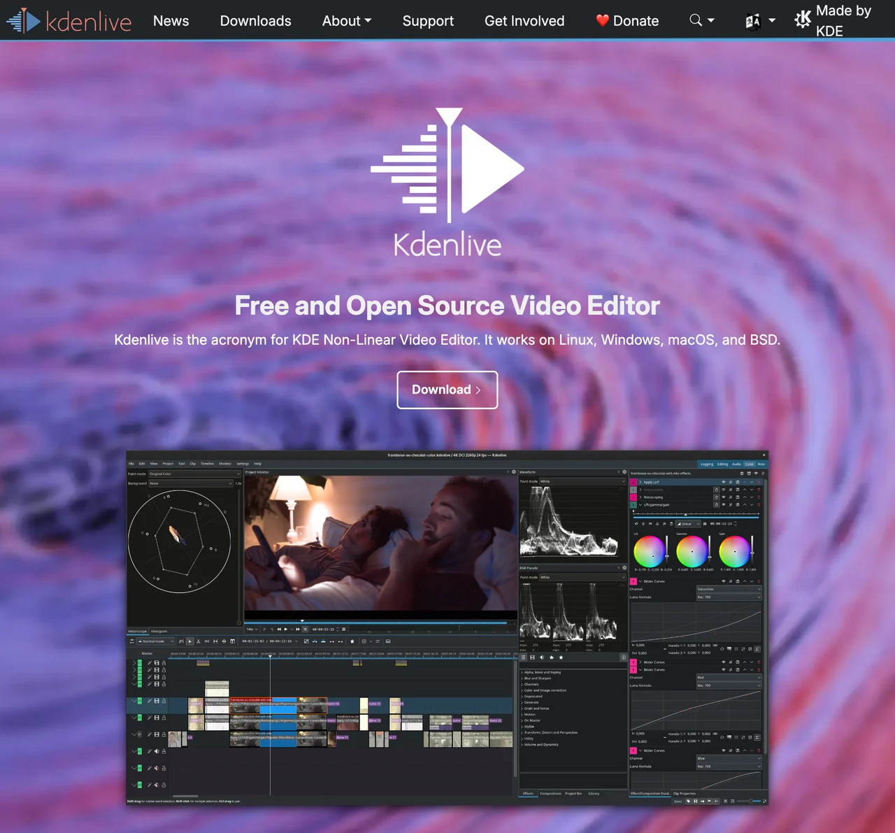 Skutečný snímek Chrome oficiálního webu Kdenlive s ukázkou editoru