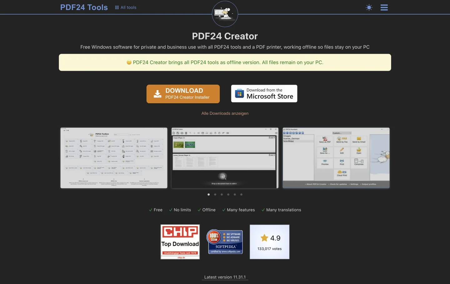 صفحة PDF24 Creator الرسمية لأدوات PDF المكتبية على Windows