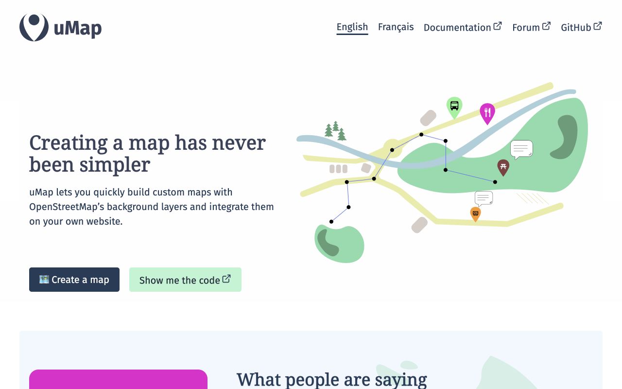 Homepage ufficiale di uMap con un titolo sulla creazione di mappe e un’illustrazione di percorsi e segnaposto.