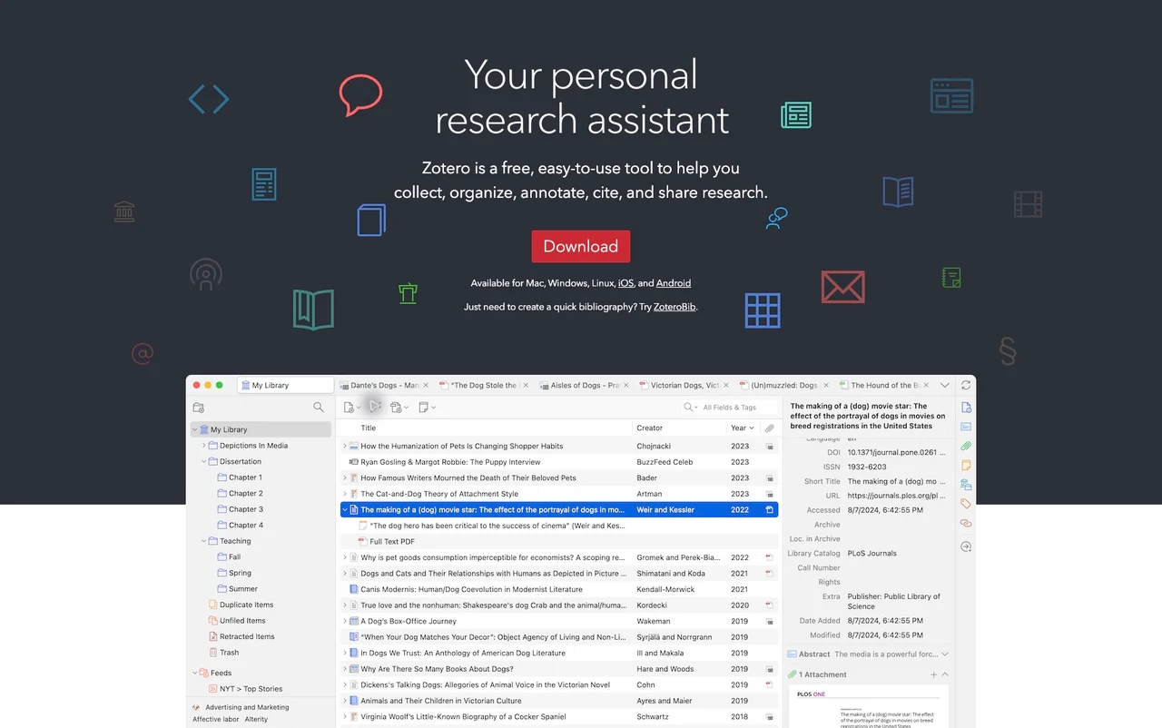 Skutečný snímek Chrome oficiálního webu Zotero s ukázkou desktopové aplikace